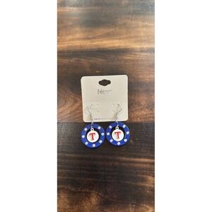 Texas Rangers Style T Earrings Blue Rhinestone Circle Dangle Game Day Jewelry